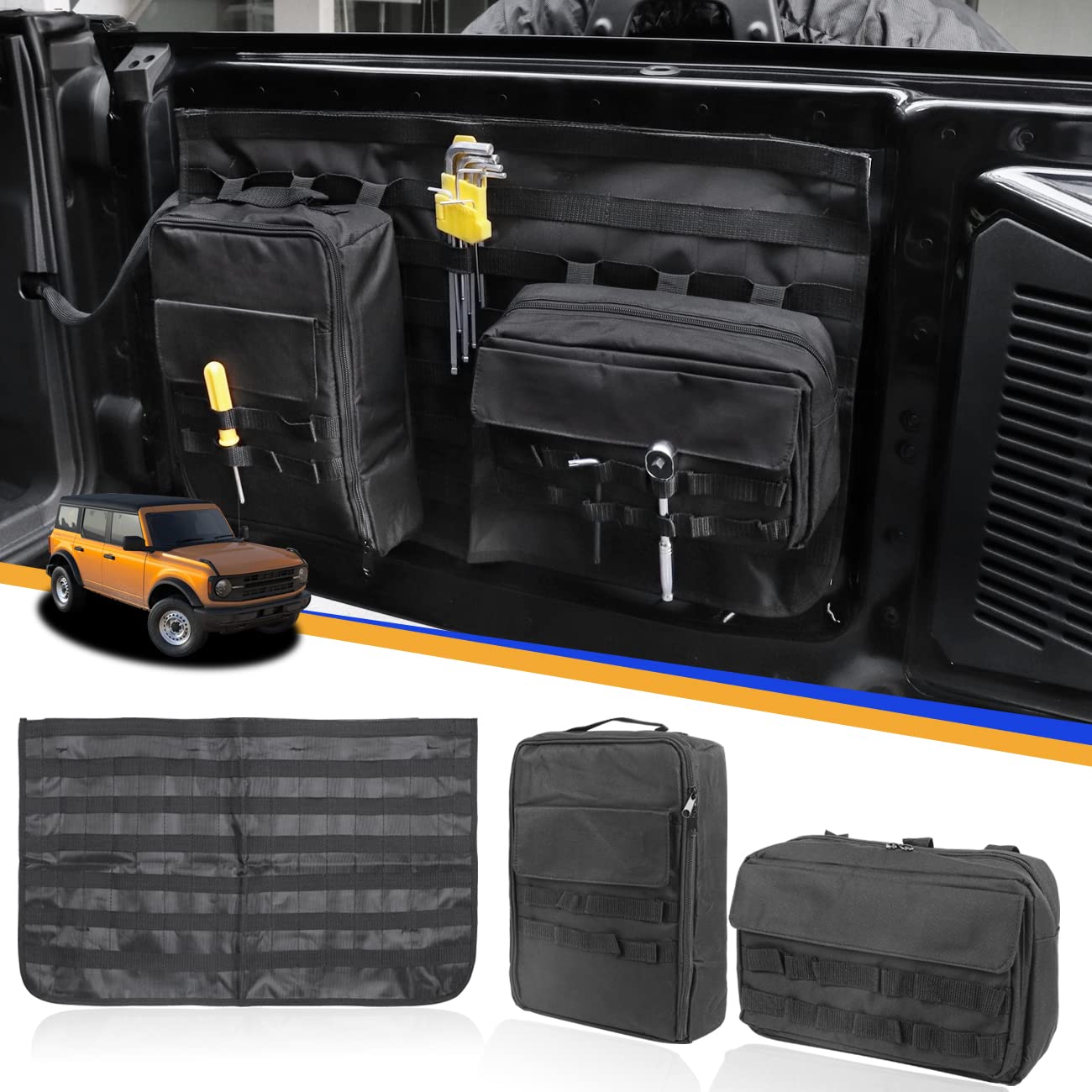 HIBRONGO Tailgate Storage Bag Compatible with 2021 2022 Ford Bronco 2Door 4Door Interior Accessories Cargo Organizer Rear Door MOLLE Panel Pockets Tools Hanger Board