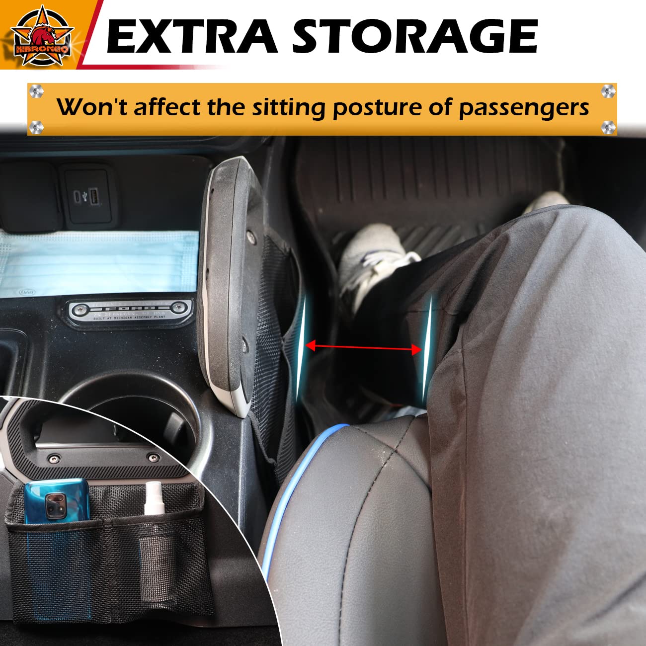 HIBRONGO Car Interior Organizer Storage Mesh Bag Compatible with 2021 2022 Ford Bronco 2 door 4 door Accessories Central Control Handle Passenger Side pocket Pouch